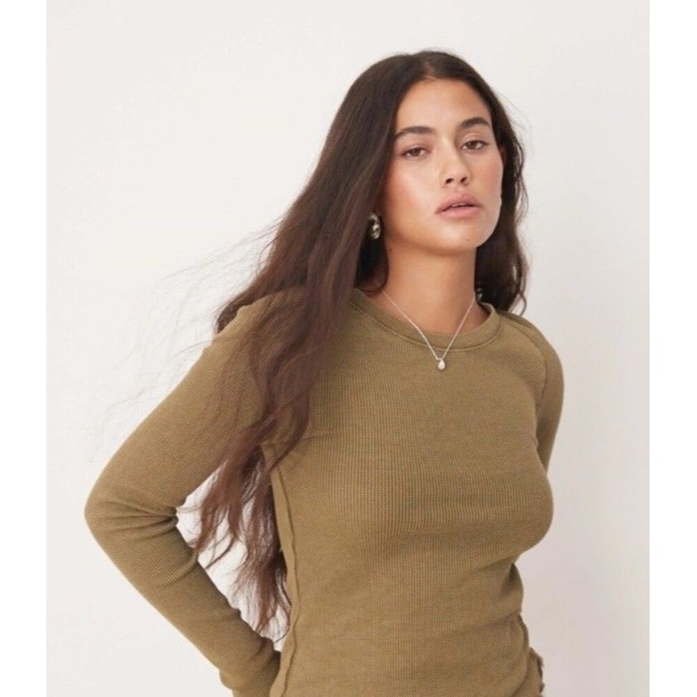 We The Free Thermal Top Womens XS Olive Green Waffle Knit Long Sleeve Boho